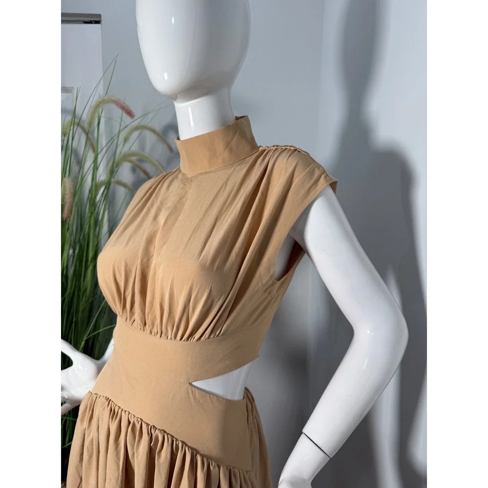 Commense Beige Cutout Maxi Dress High Neck‎  Elegant Flowy size S